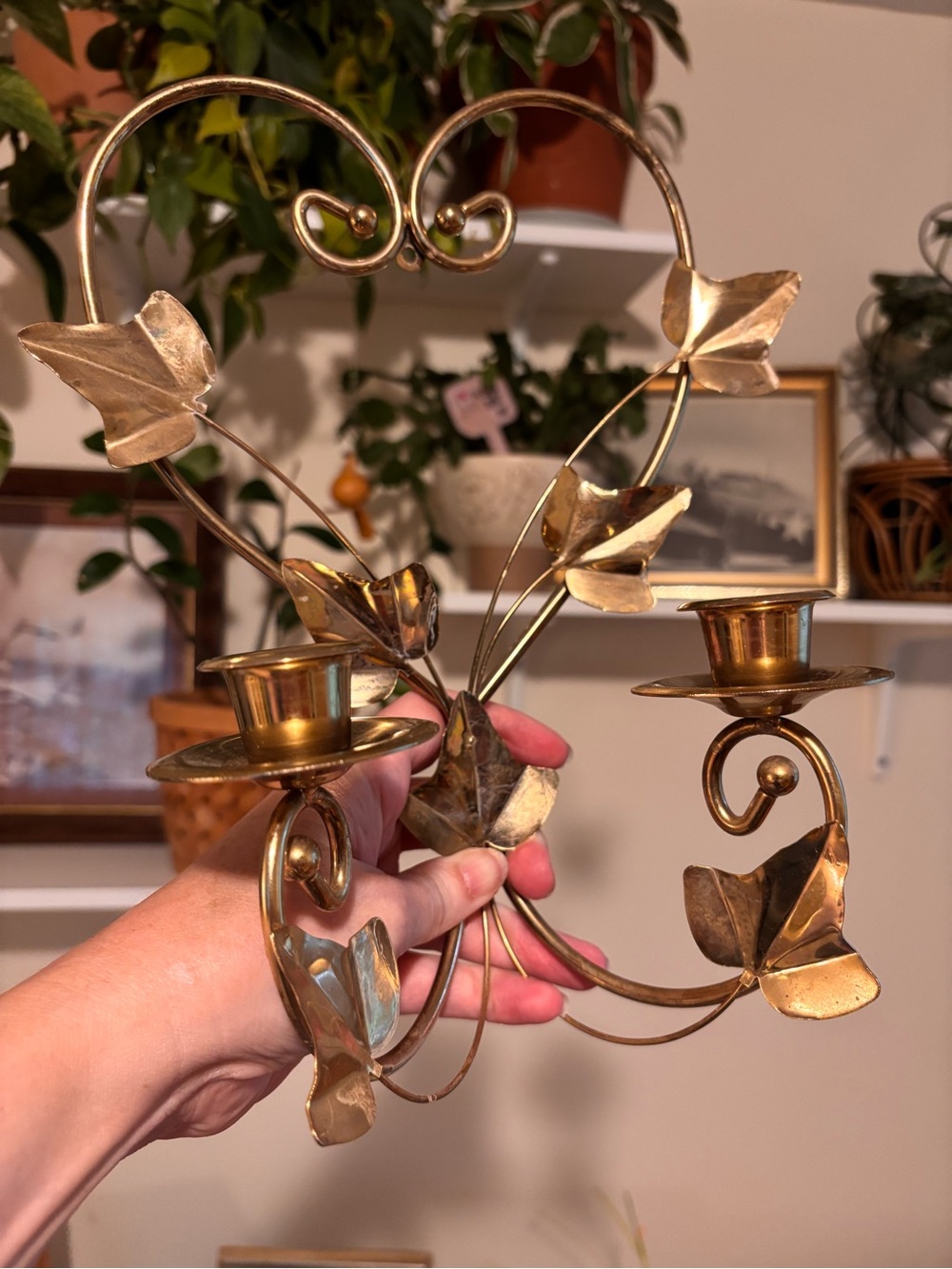 Homco Gold Double Taper Candle Holder with Ivy Motif